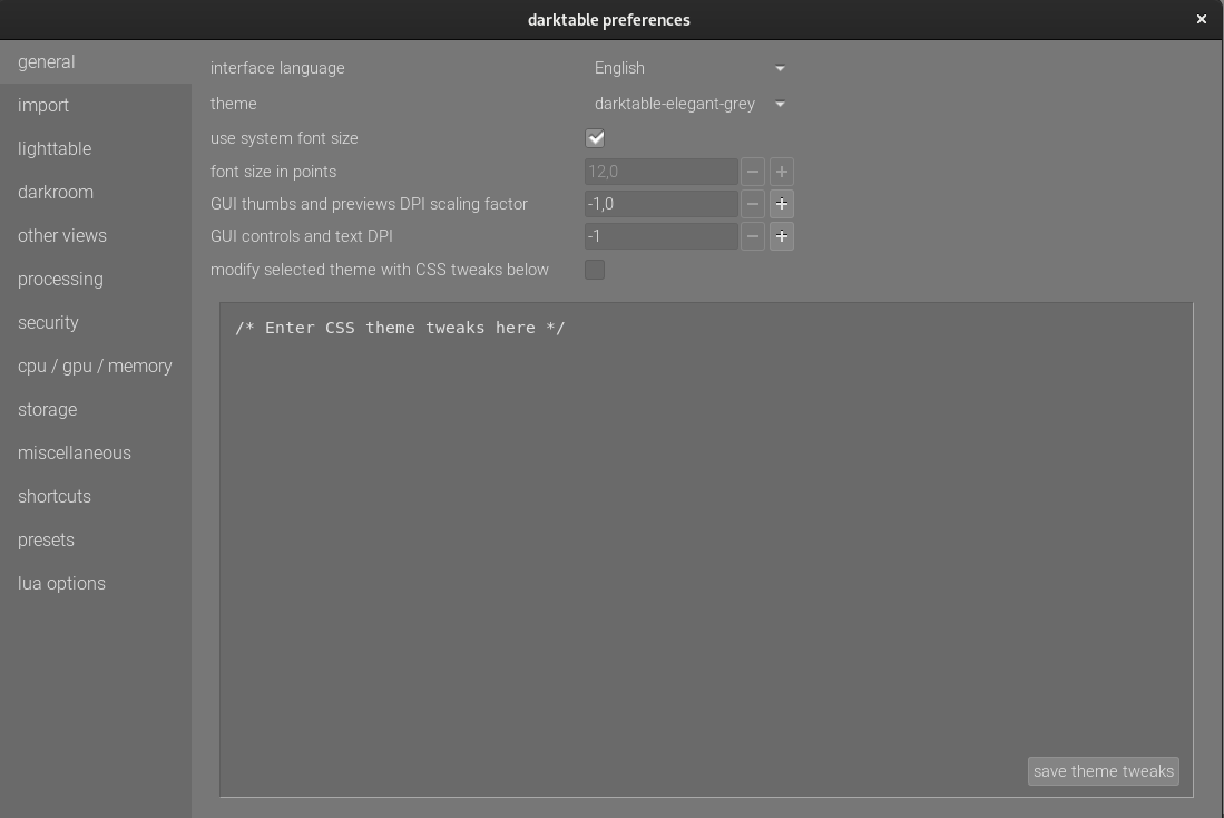 darktable v3.2 preferences, general tab