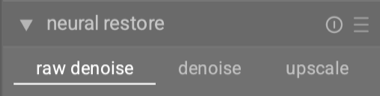 Three tasks share the panel: raw denoise, denoise, upscale.